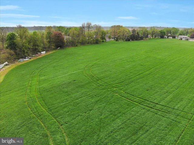 a view of field with grass and building in the background