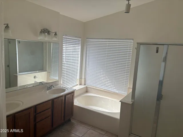 a bathroom with a tub sink and mirror