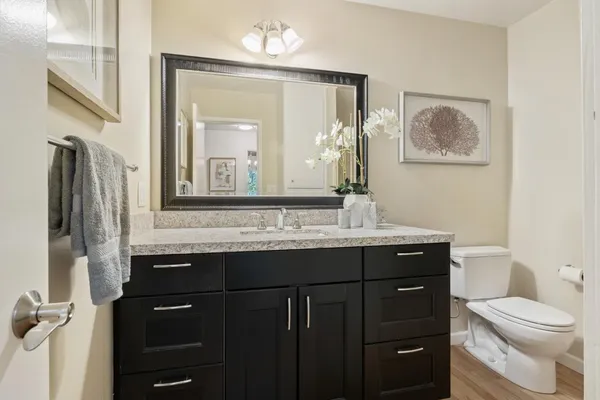 a bathroom with a sink vanity and toilet