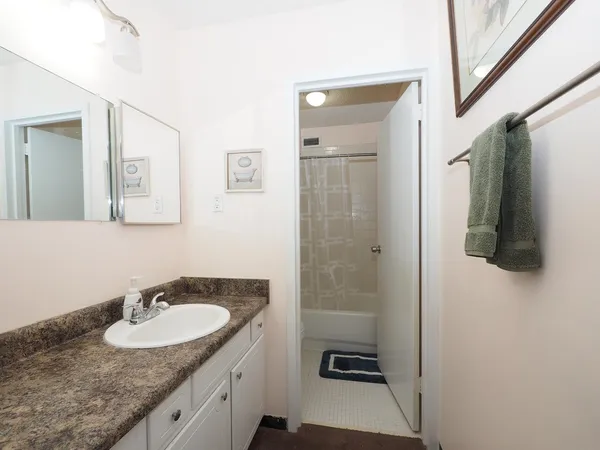 a bathroom with a granite countertop sink a mirror and shower