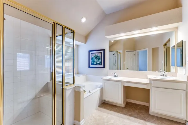 a bathroom with a sink a mirror and a shower