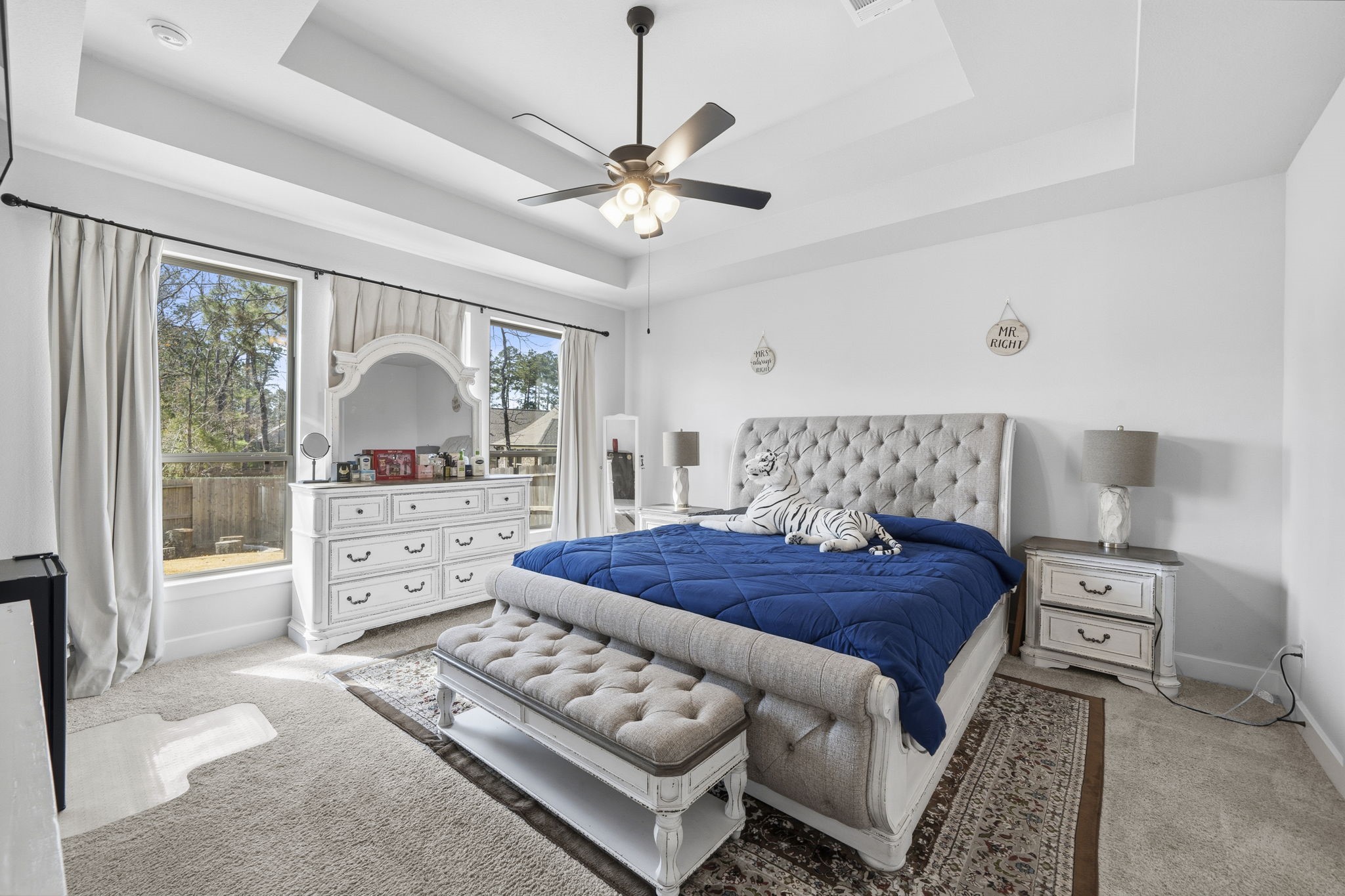 511 Carina Gaze Drive Conroe, TX 77318 - Photo 17 of 45 This spacious bedroom features a plush carpet, a stylish tray ceiling with a ceiling fan, and ample natural light from large windows.