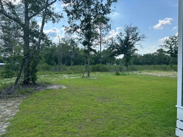 a view of a green field with trees