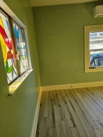 a view of a backyard with plants and large trees