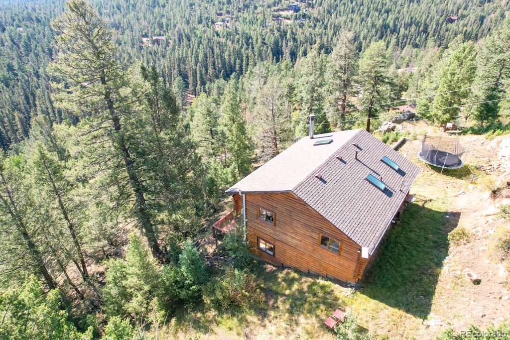 10221 Blue Sky Trail Conifer, CO 80433 - Photo 16 of 37 an aerial view of a house with a yard and large trees