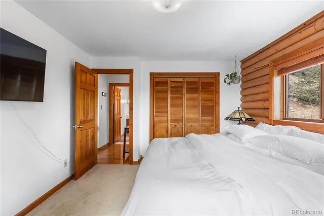 a bedroom with a bed and glass door