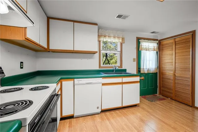 a kitchen with a sink a stove and cabinets