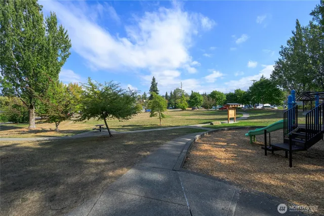 a garden view with a seating space