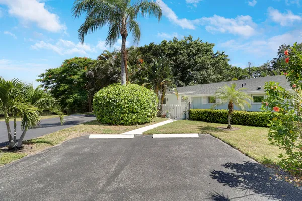 a pathway of a house with a yard and palm trees