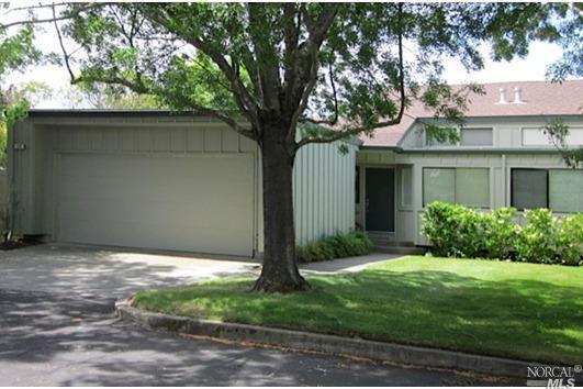 a view of a yard in front of a house with plants and large tree