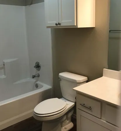 a white toilet sitting next to a bath tub