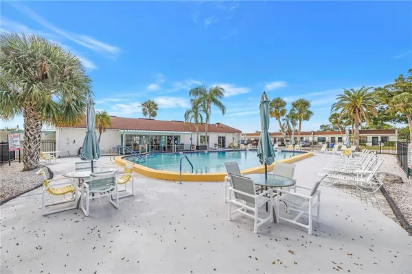a view of a swimming pool with lawn chairs and potted plants