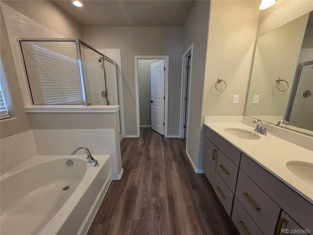 a bathroom with a bathtub a sink a mirror and a shower