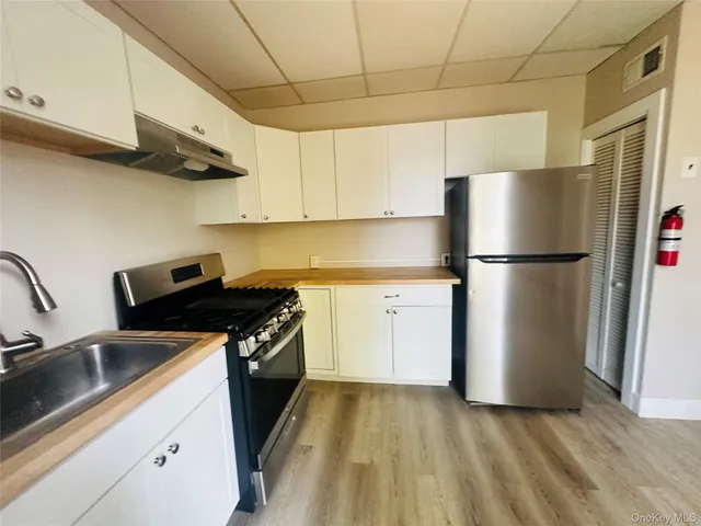 a kitchen with a refrigerator and a sink