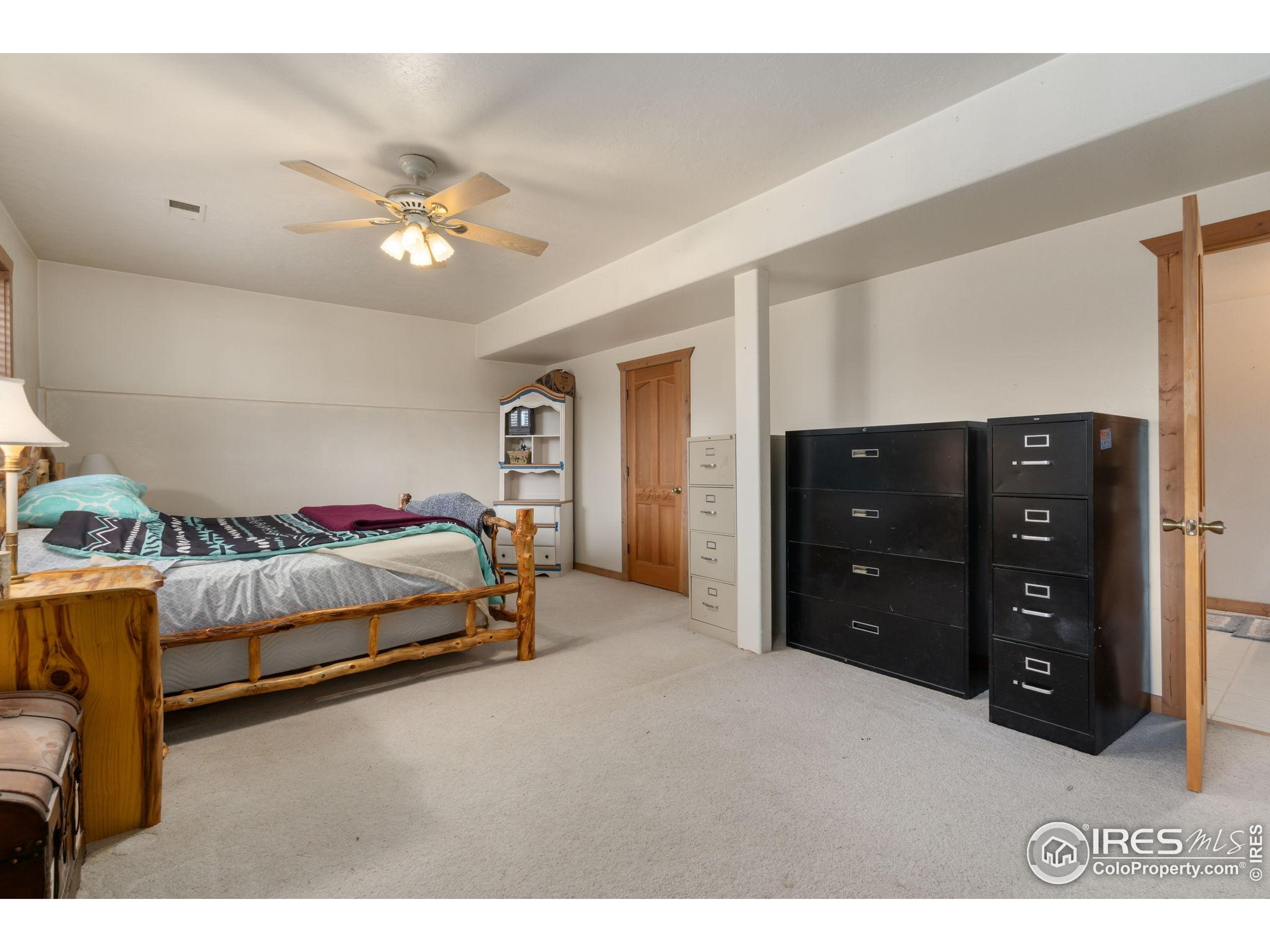 141 Tami Road Red Feather Lakes, CO 80545 - Photo 21 of 49 a bedroom with a bed and a ceiling fan