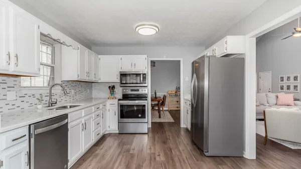 a kitchen with cabinets stainless steel appliances a sink and a potted plant