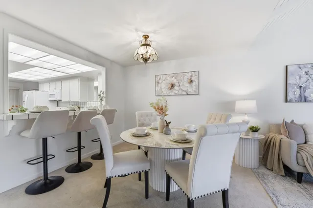 a view of a dining room with furniture