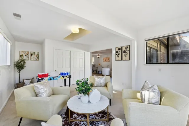 a living room with furniture and a potted plant
