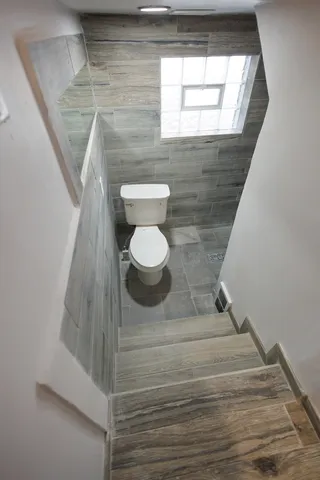 a bathroom with a toilet and a shower