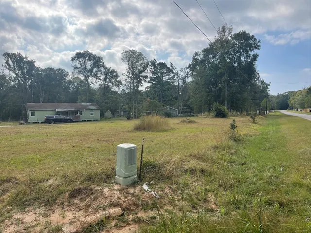 a view of a field with trees in the background
