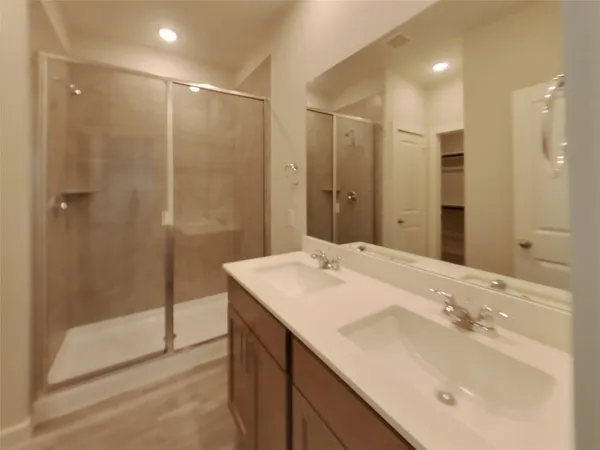 a bathroom with a sink shower and a mirror