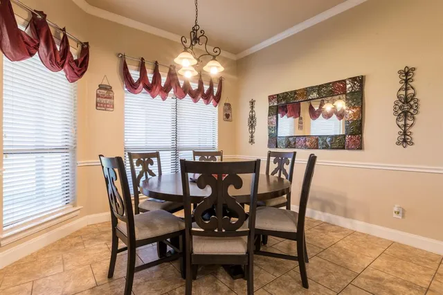 a view of a dining room with furniture wooden floor and chandelier
