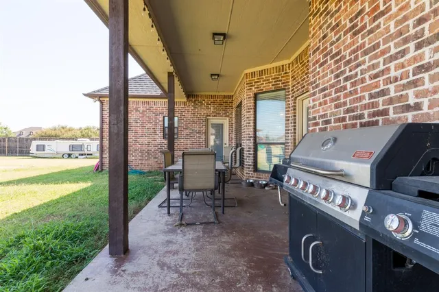 a view of a patio with a tv