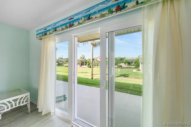 a porch with seating space