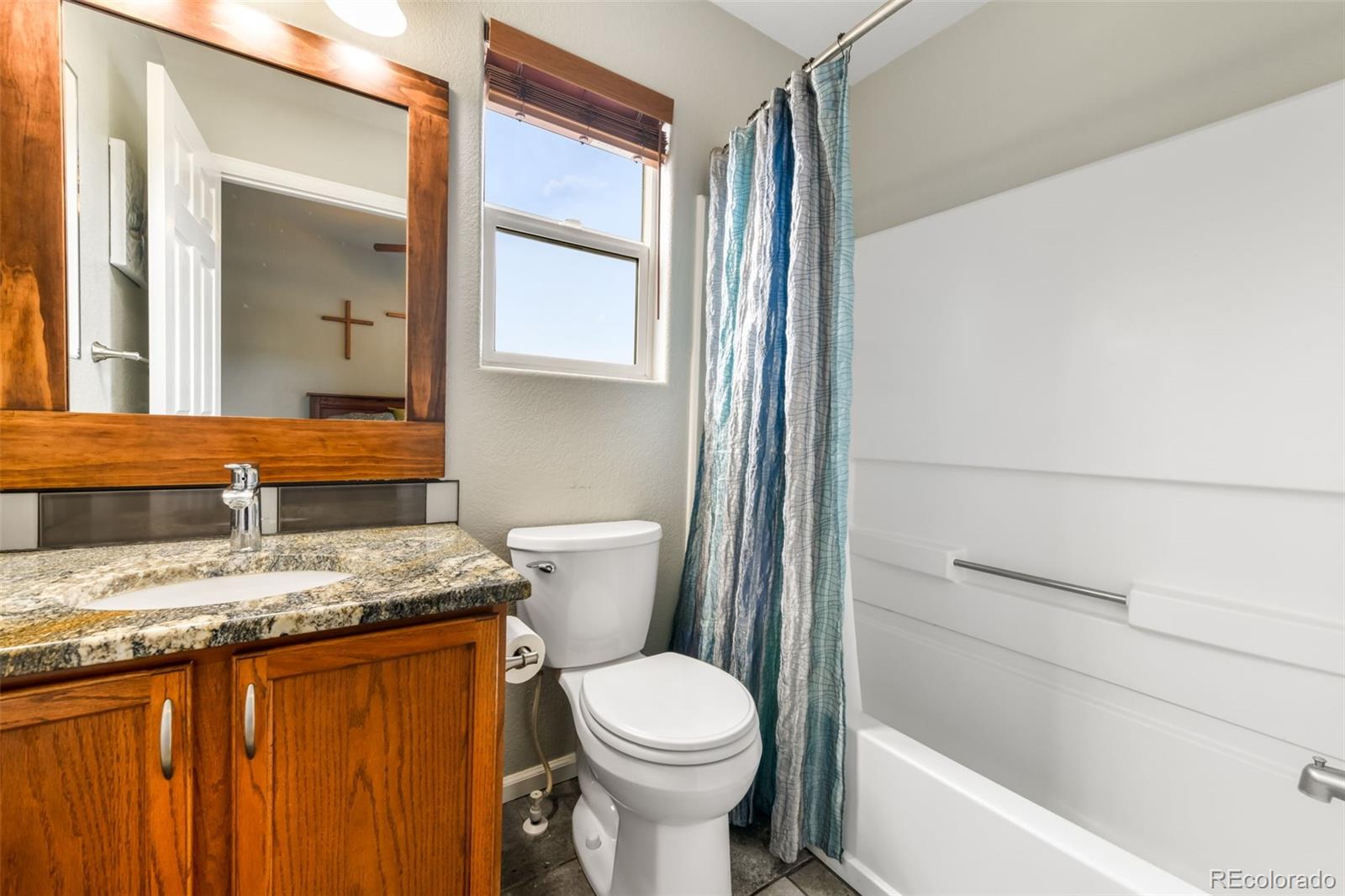 12906 Oakland Hills Road Peyton, CO 80831 - Photo 15 of 50 a bathroom with a granite countertop sink toilet and shower