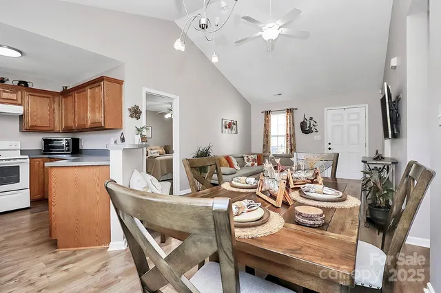 a view of a dining room with furniture