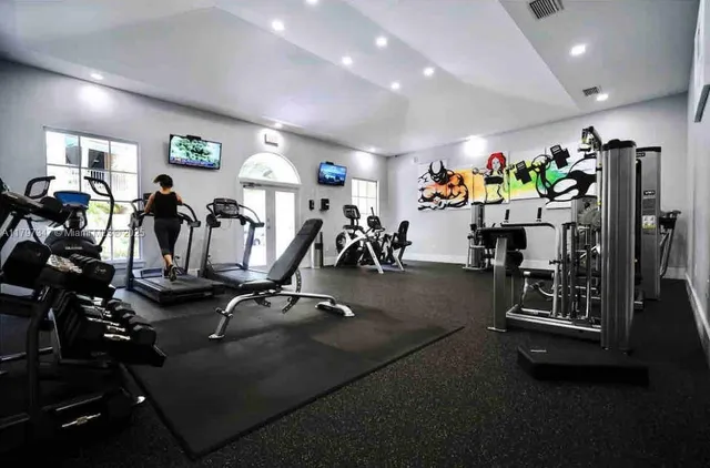 an outdoor space with furniture