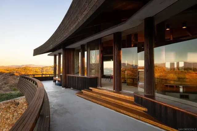 a building outdoor space with seating area