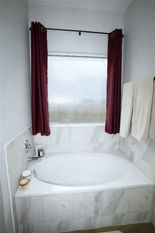 a bathroom with a bathtub and a shower