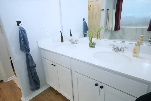 a bathroom with a sink and a mirror