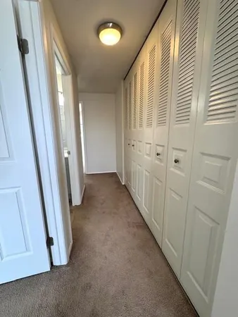 a view of a hallway with windows