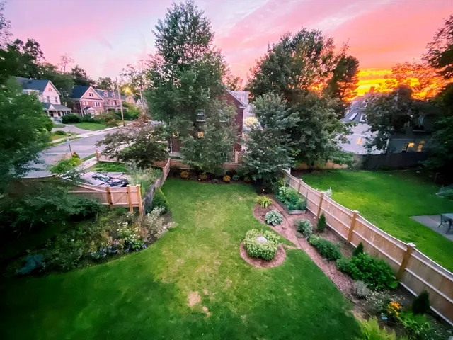 a view of backyard with table and chairs and potted plants
