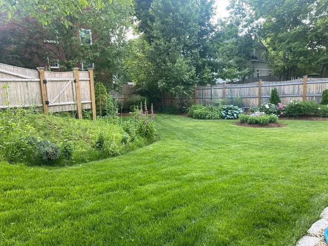 a backyard of a house with lots of green space and trampoline