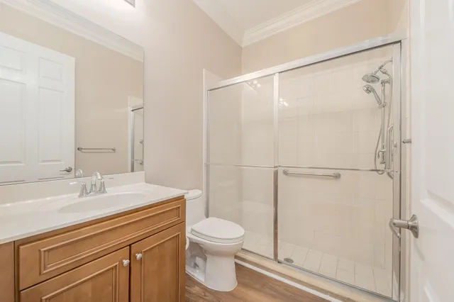 a bathroom with a shower sink vanity mirror and toilet