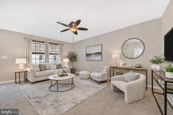 a living room with furniture a rug potted plant and a window