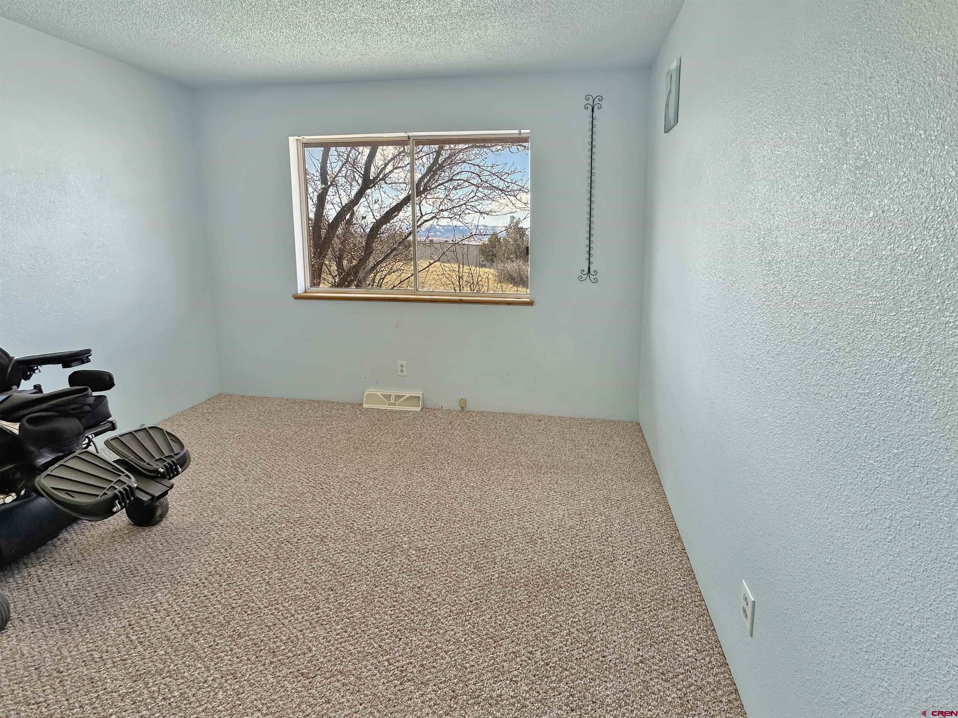 27980 Rd T Dolores, CO 81323 - Photo 15 of 29 Living area featuring visible vents, a textured ceiling, carpet flooring, and a textured wall