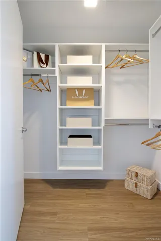 a view of walk in closet with clothes and shoes