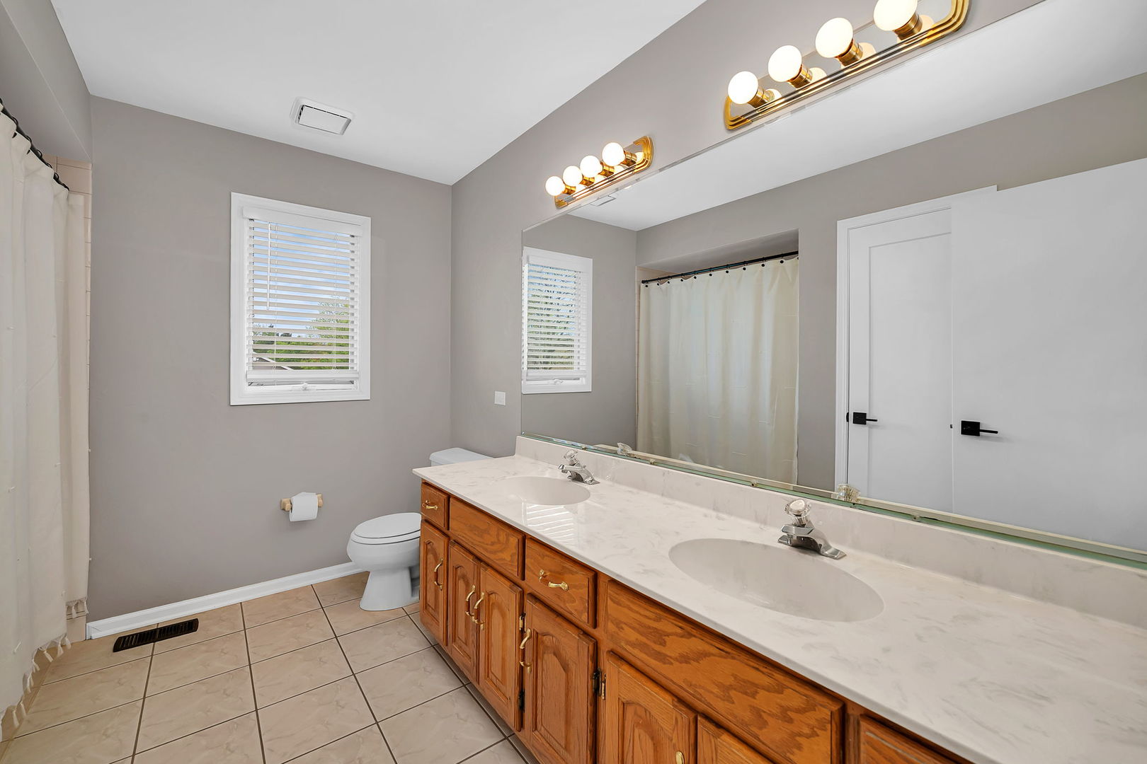 6 West Wend Street Lemont, IL 60439 - Photo 25 of 31 a spacious bathroom with a double vanity sink a large mirror and a shower