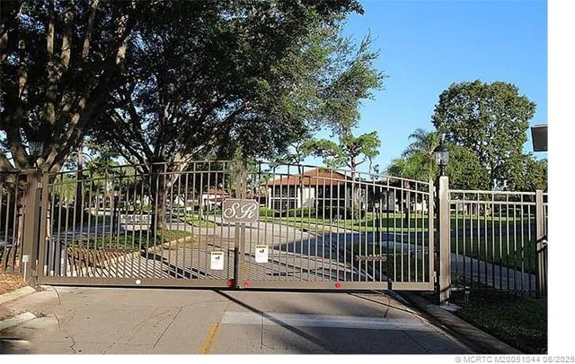 a view of a building from a bench