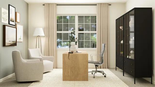 a living room with furniture and large windows