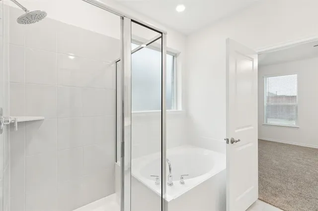 a bathroom with a bathtub and a shower