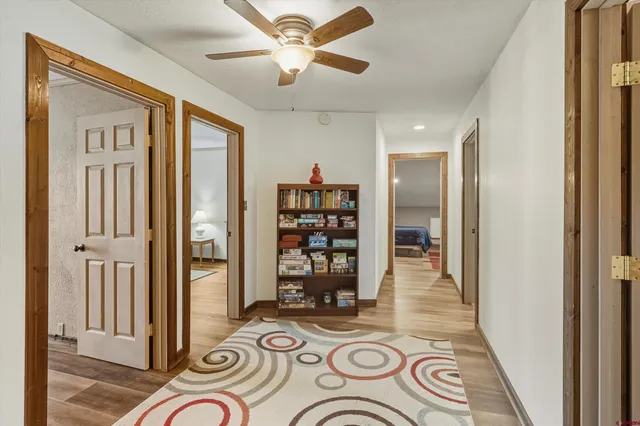 a view of a hallway with furniture and closet area