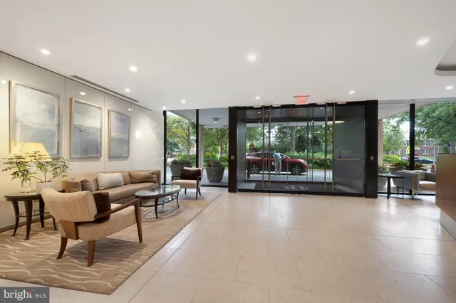 a view of a park with large trees