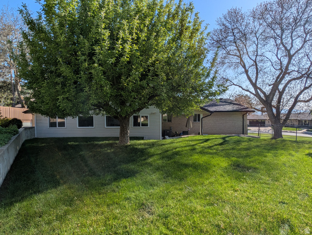 1411 Millbrook Way Bountiful, UT 84010 - Photo 4 of 36 Spacious outdoor area featuring a large mature tree, sloped lawn, and concrete retaining wall