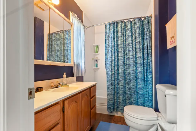 an aerial view of a house with a yard and garden