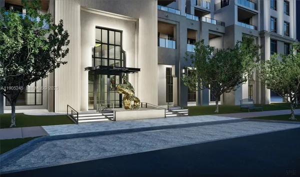a front view of a building with street view